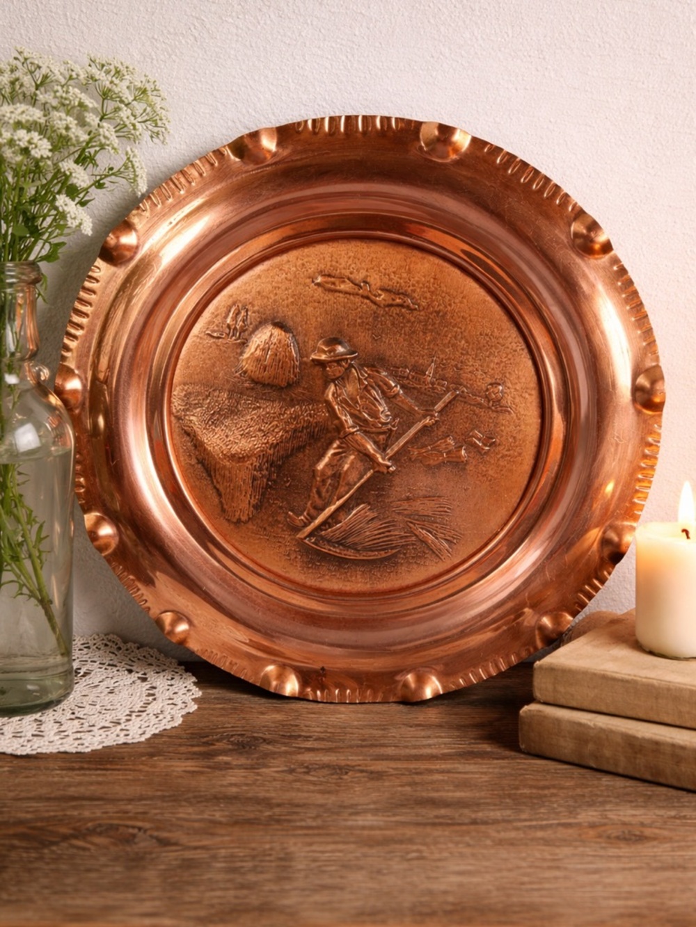 Vintage  Copper Wall Plate with Harvest Scene - Copper